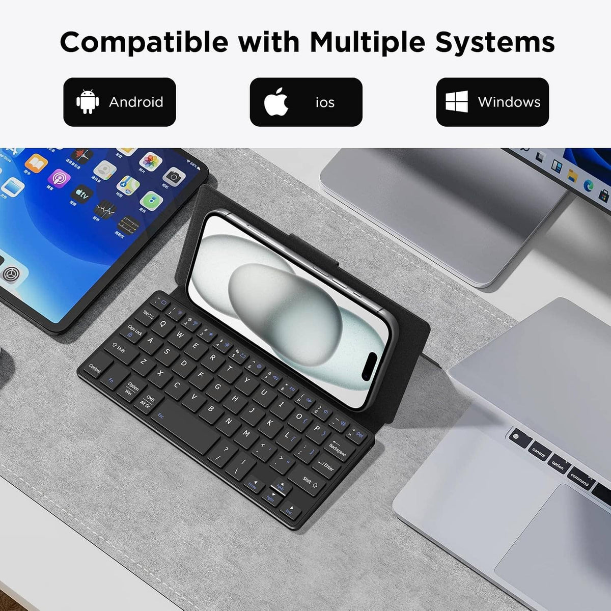Mini wireless keyboard with phone stand, black, smartphone placed on the stand