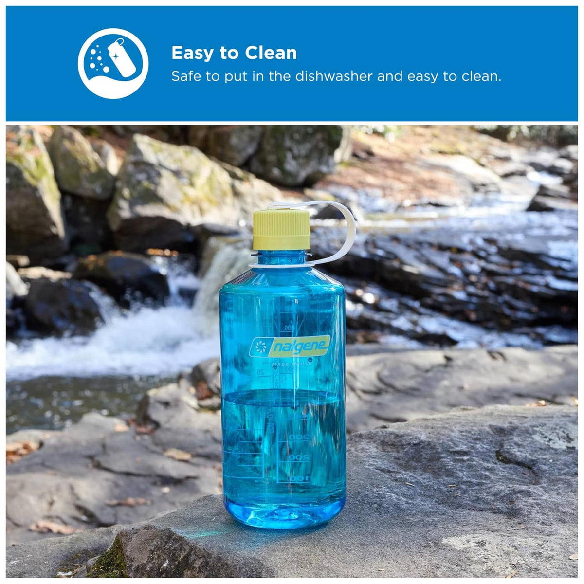 Blue translucent narrow-mouth water bottle with yellow cap and curved carry loop.