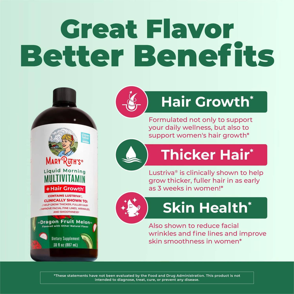 Liquid multivitamin bottle with icons for hair growth, thicker hair, and skin health