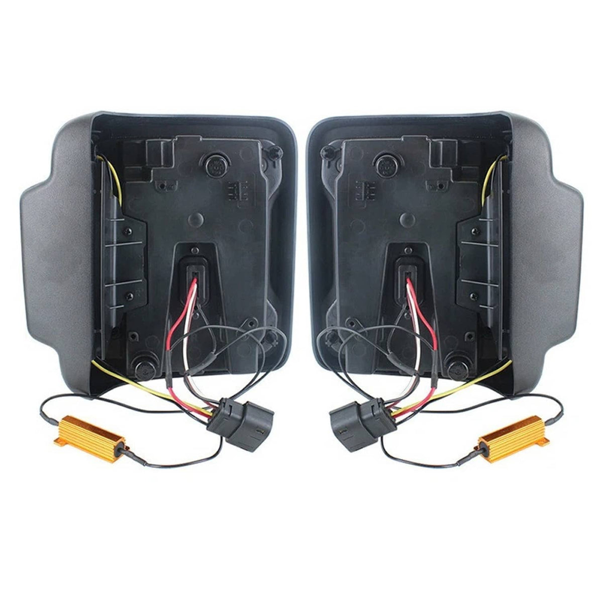 Pair of LED tail light housings with red lens trim and attached wiring leads