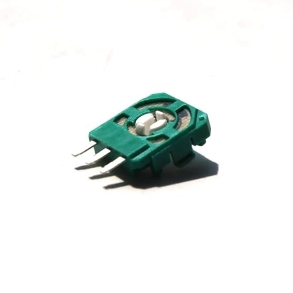 Green 2K3 ohm potentiometer module side view with three metal leads