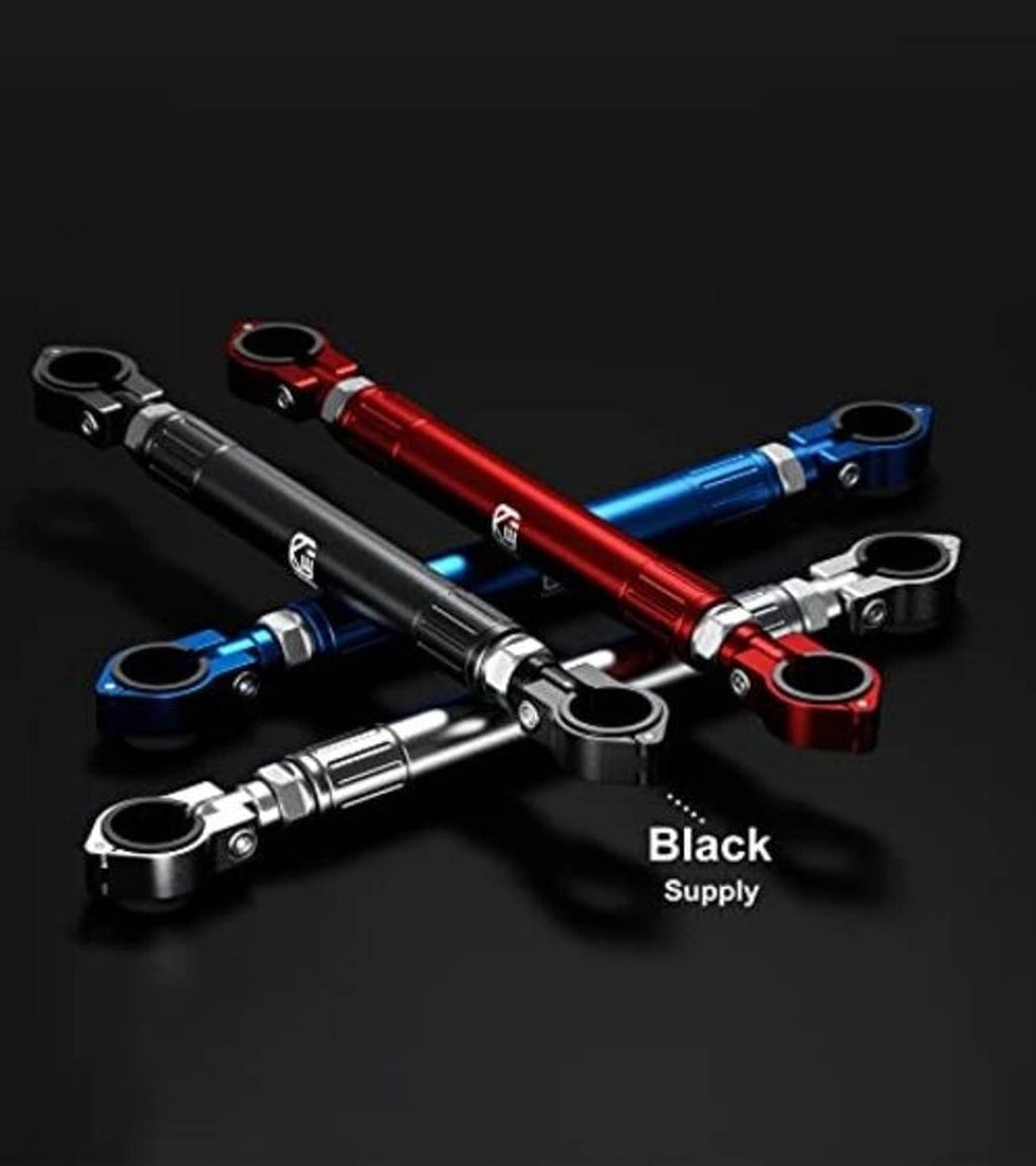 Adjustable motorcycle cross bar in black, red, and blue with end eyelet mounts