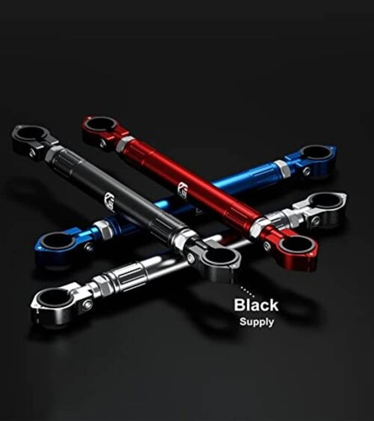 Adjustable motorcycle cross bar in black, red, and blue with end eyelet mounts