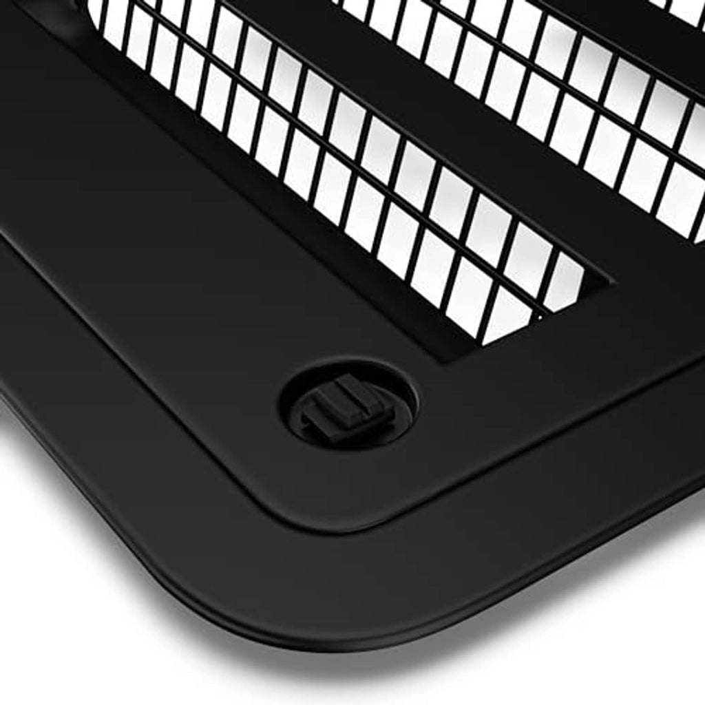 Black RV refrigerator vent screen corner with round mounting screw hole and louver bars