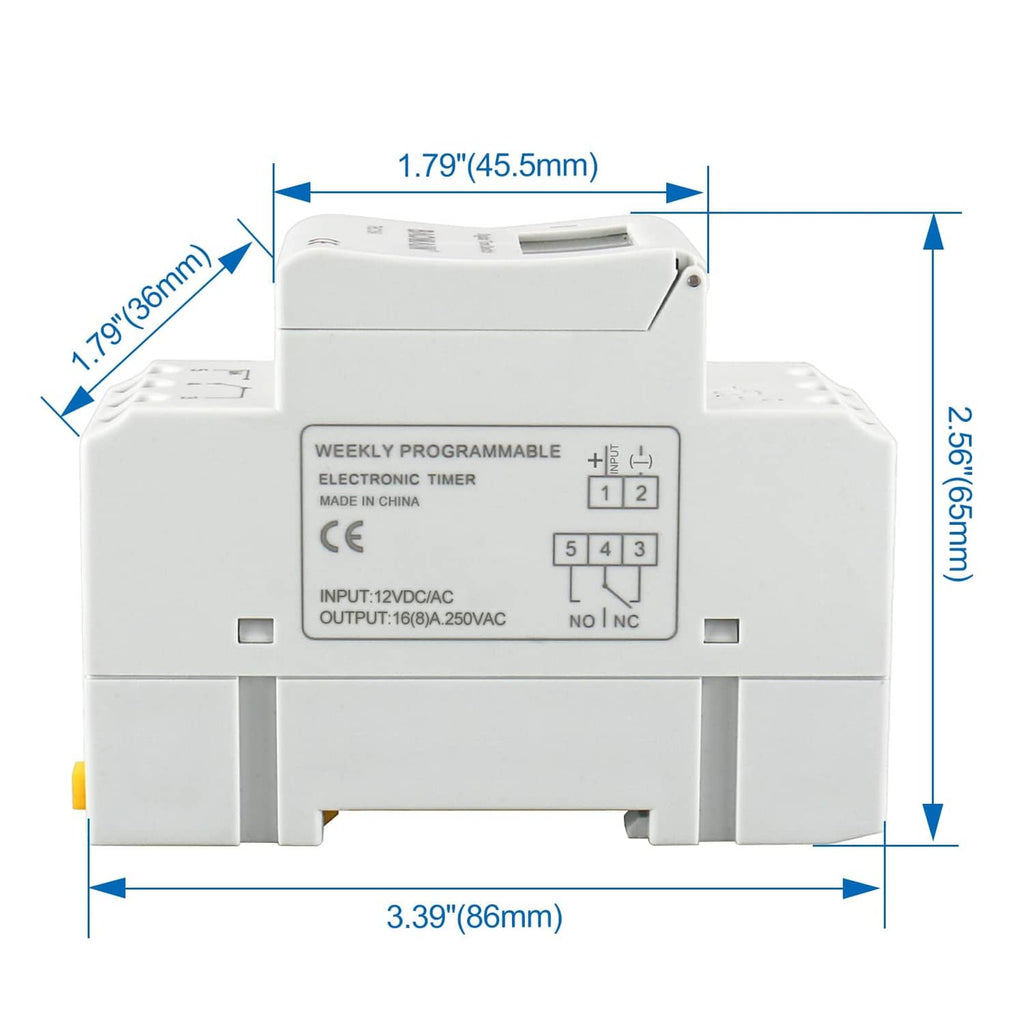 BAOMAIN THC15A weekly programmable timer switch relay size dimensions, white DIN rail module