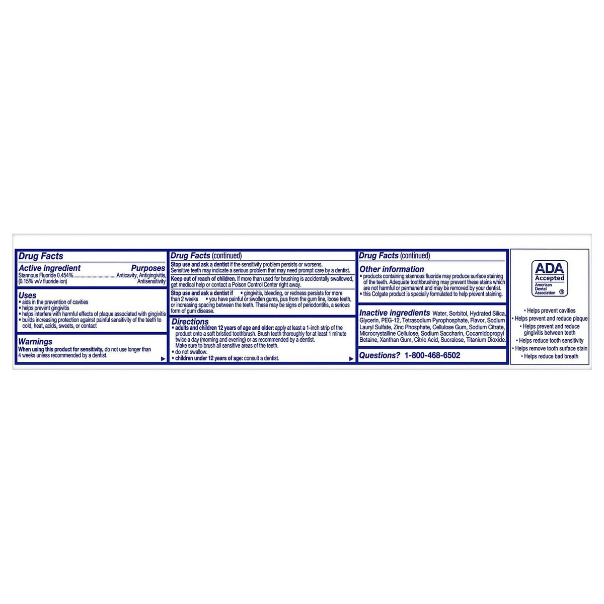 Colgate Total whitening toothpaste box back panel with Drug Facts information