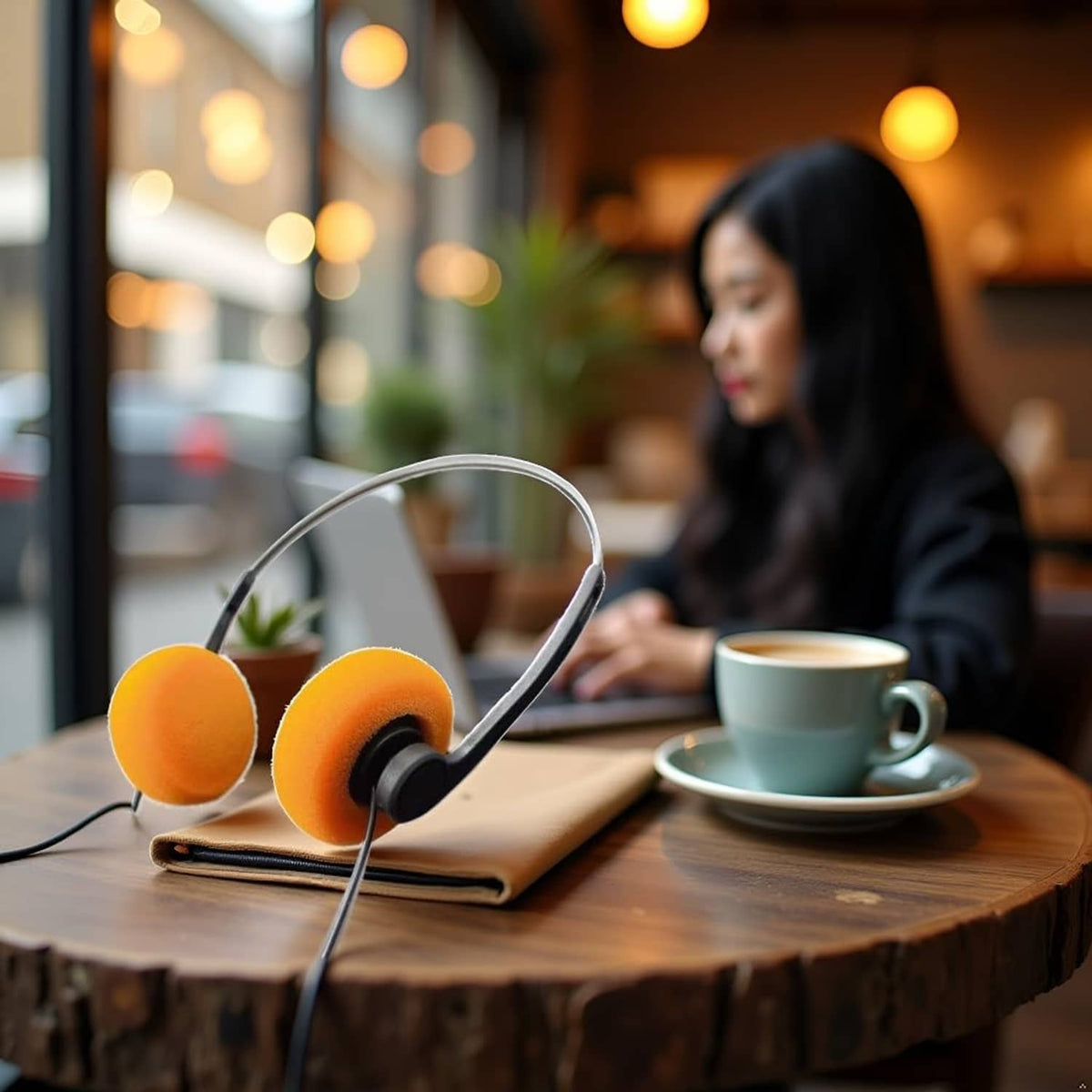 Orange over-ear headphones with plush foam ear pads near a coffee cup.