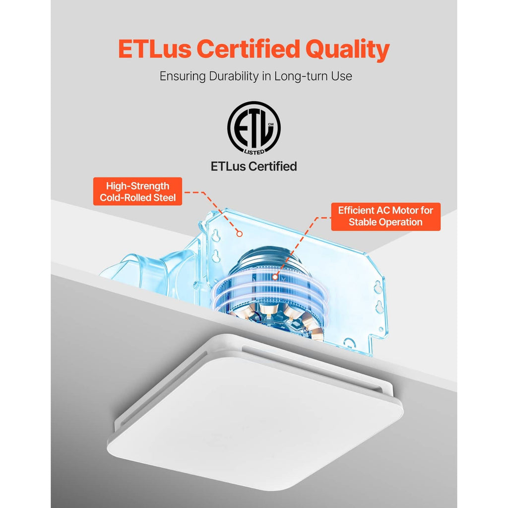 Ceiling exhaust fan with white LED light and ETL-certified reinforced motor housing