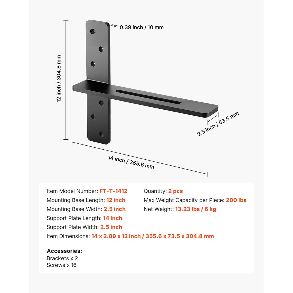 Floating shelf bracket dimensions shown: 14 in arm, 12 in vertical plate, steel hole pattern.