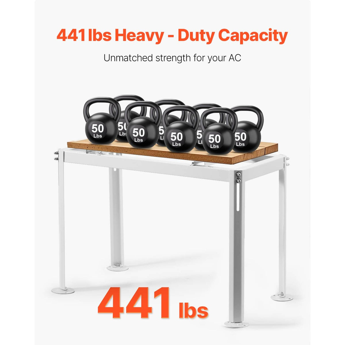 White AC ground stand with top platform holding weight blocks
