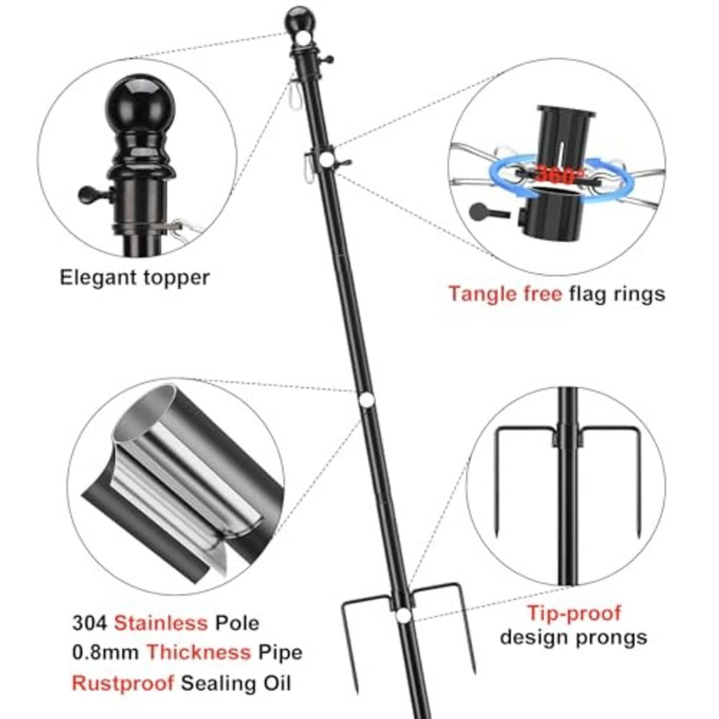 Black tangle-free flag pole kit with 304 stainless tube and tip-proof prongs