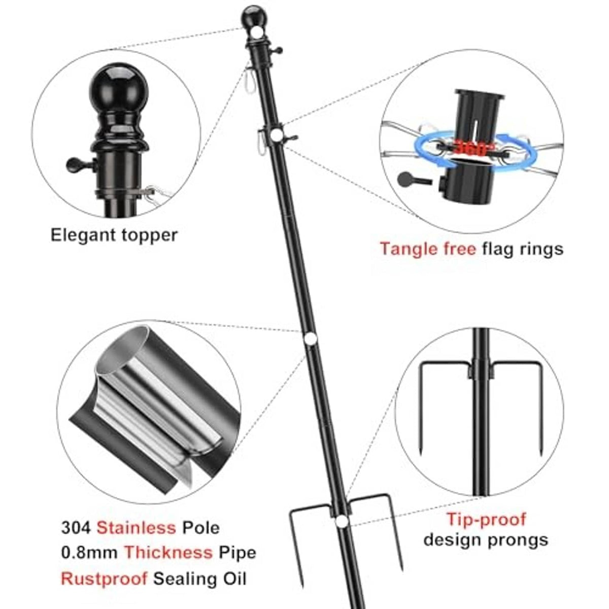 Black tangle-free flag pole kit with 304 stainless tube and tip-proof prongs
