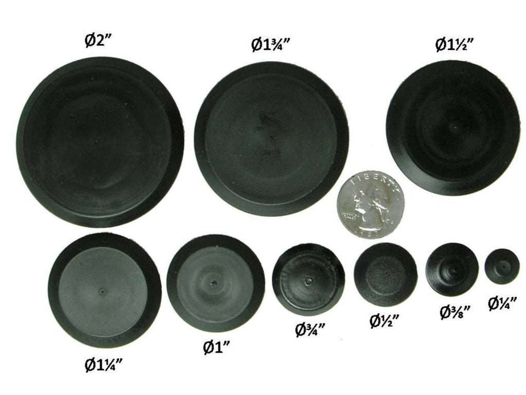 Black rubber hole plugs assortment, flat round caps with visible size variations