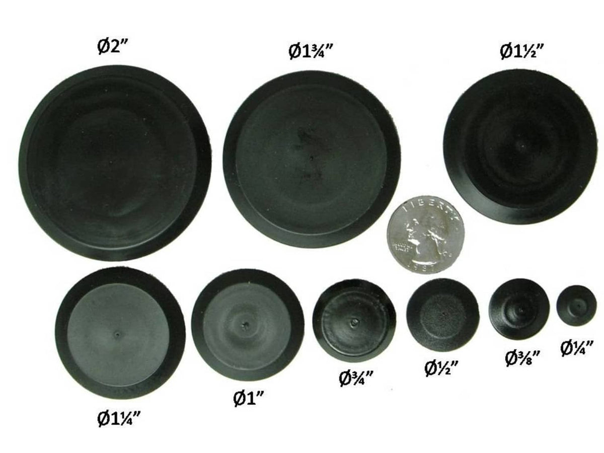 Black rubber hole plugs assortment, flat round caps with visible size variations