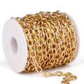 Gold rolo cable chain on a white spool, 7.5mm width roll with small clasp chain links
