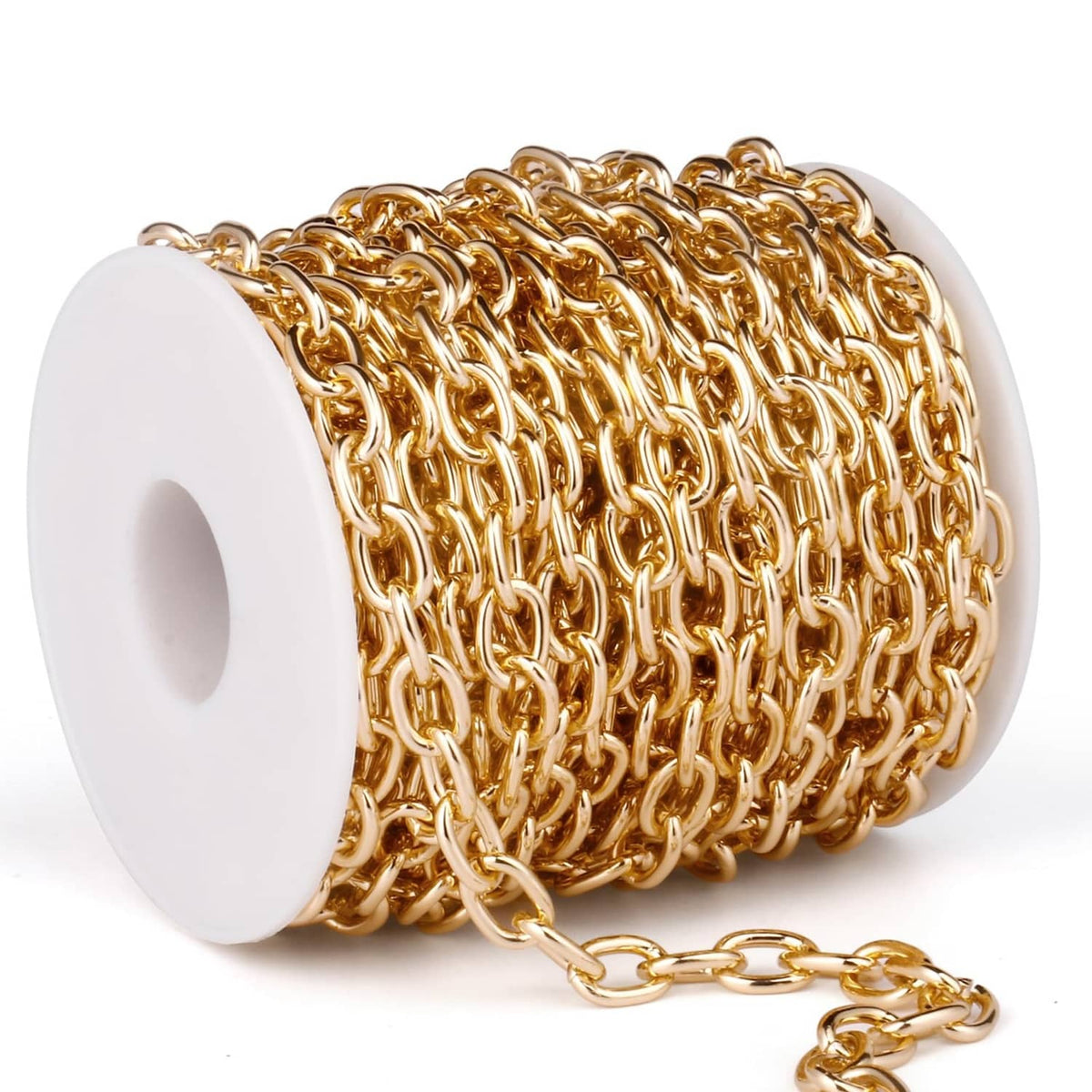 Gold rolo cable chain on a white spool, 7.5mm width roll with small clasp chain links