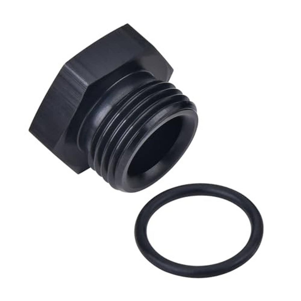 Black male AN plug fitting adapter with O-ring and threaded outlet