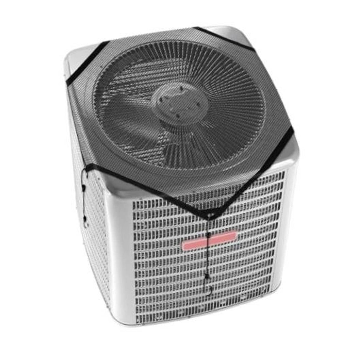 Outdoor AC unit cover with dark mesh vinyl top and black bungee straps