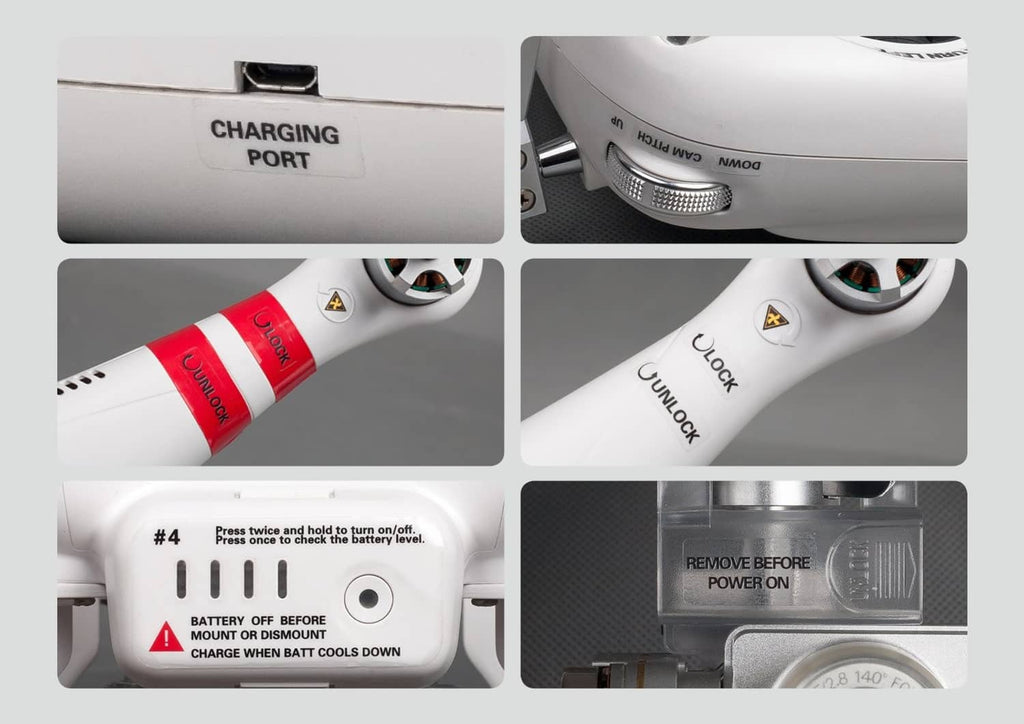 Close-up of drone with red warning and instruction decal stickers