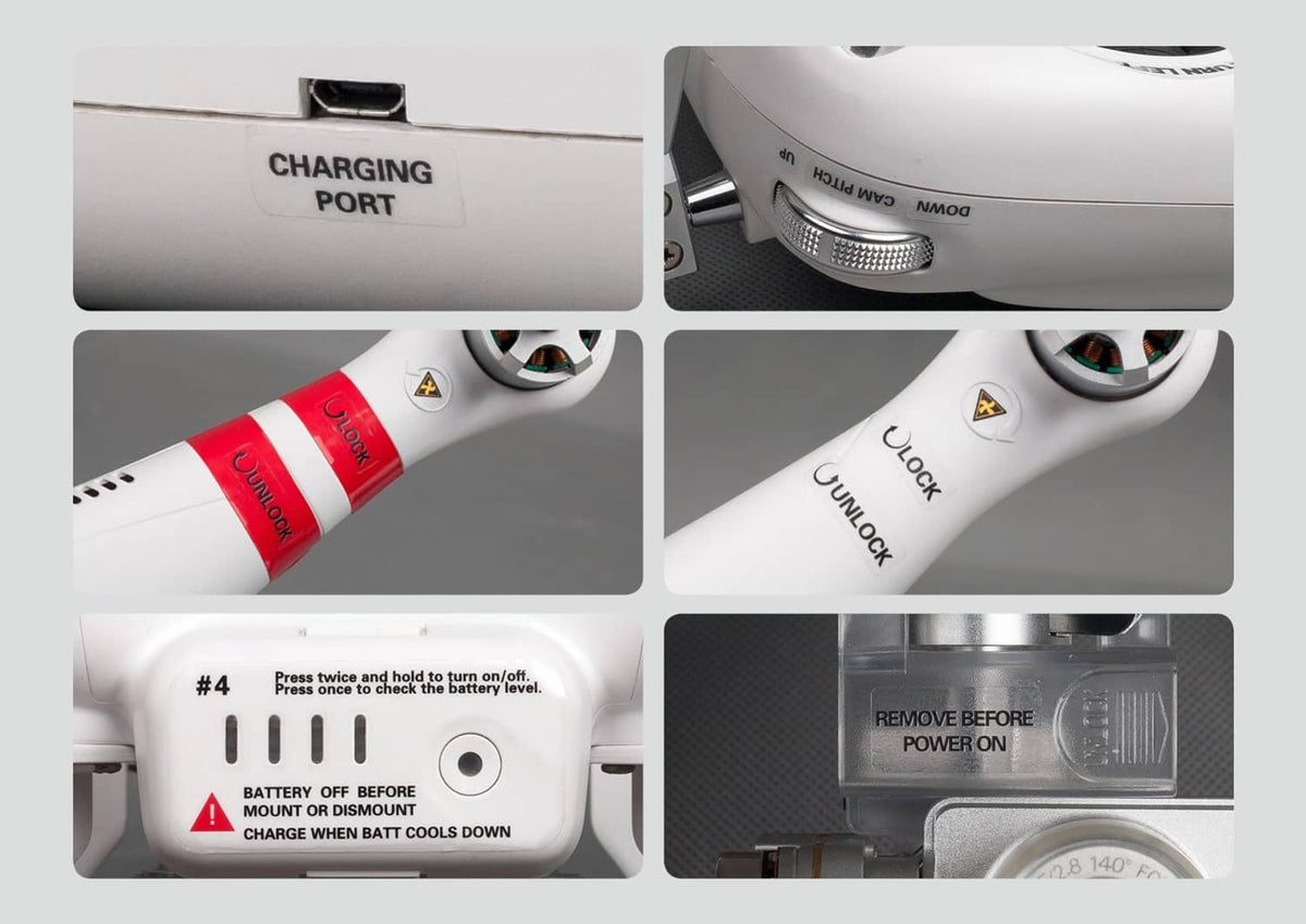 Close-up of drone with red warning and instruction decal stickers