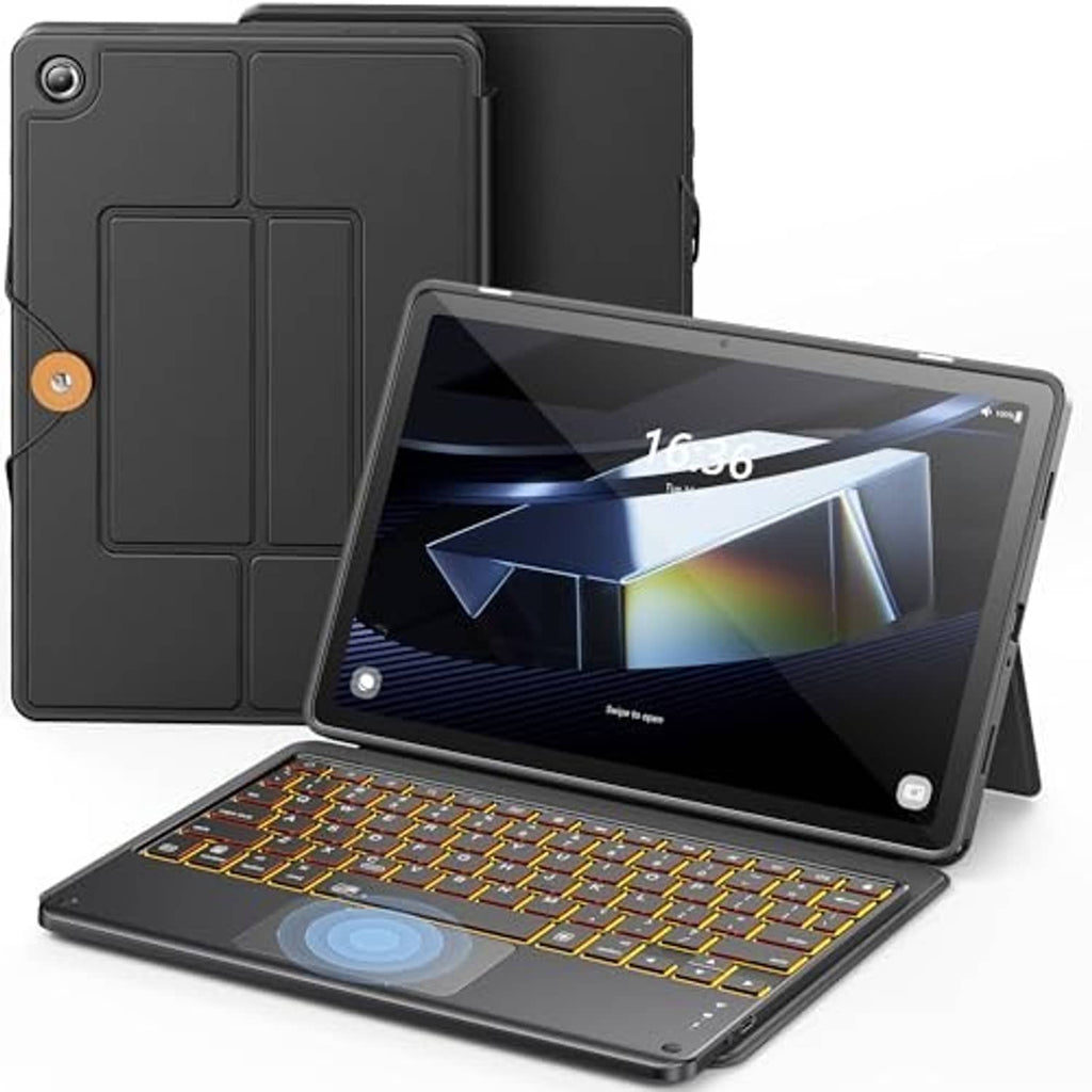 Black folio-style keyboard case with tilted stand and backlit keys