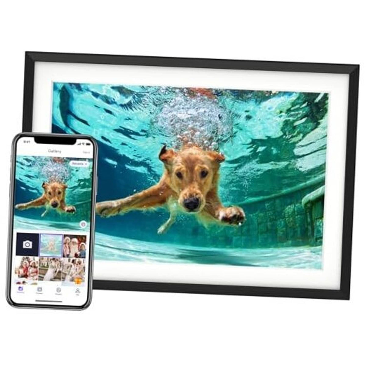 Black digital picture frame with underwater dog photo and smartphone gallery