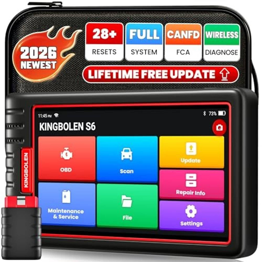 Handheld OBD2 diagnostic scanner with KINGBOLEN S6 touchscreen showing scan and repair info
