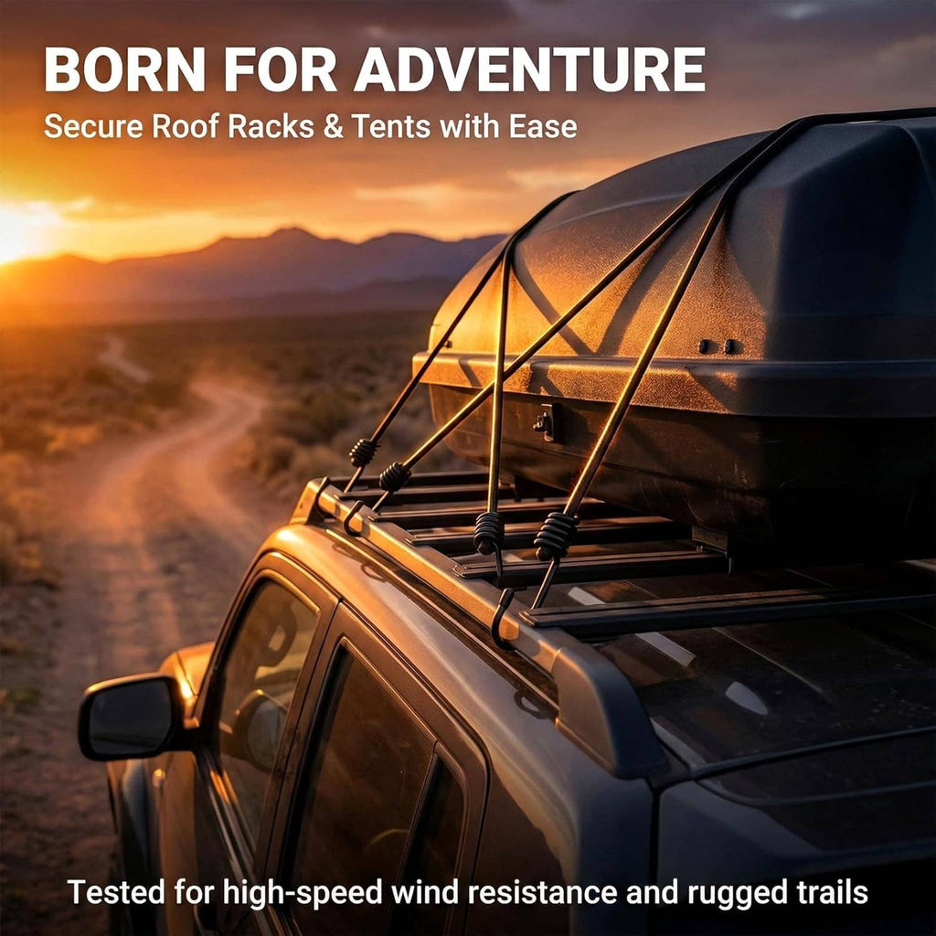 Black bungee cord attached to roof rack bar with metal hook
