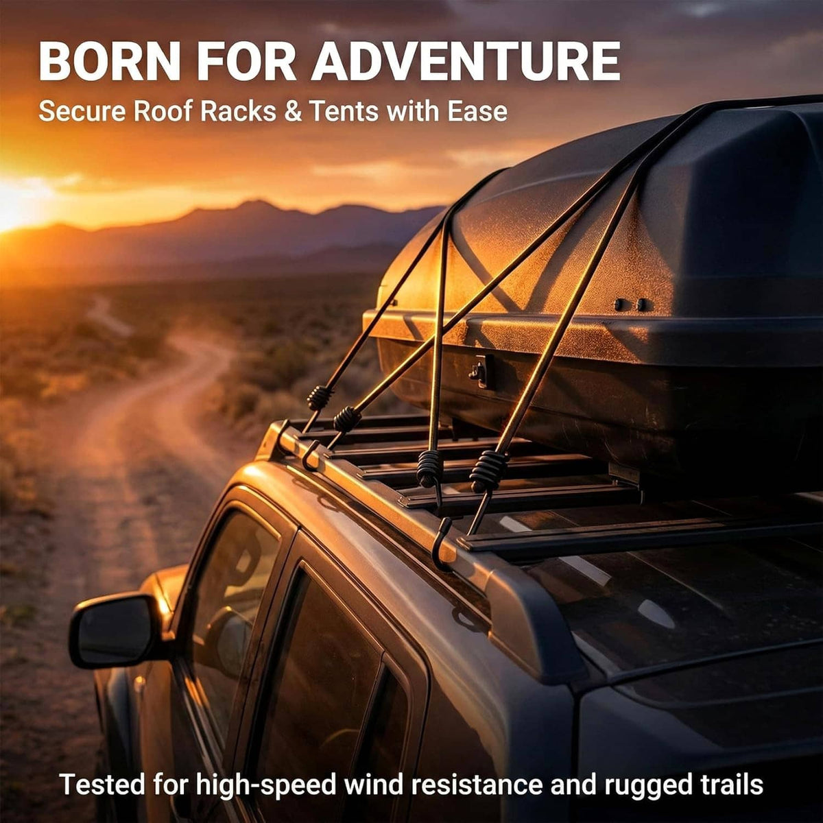 Black bungee cord attached to roof rack bar with metal hook
