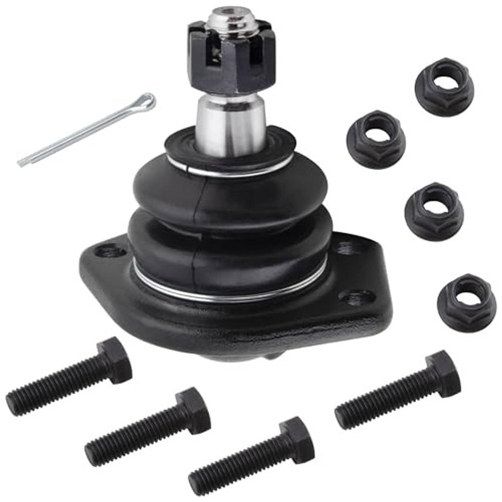 Ball joint with black boot and silver stud; hex nuts, washers, and bolts