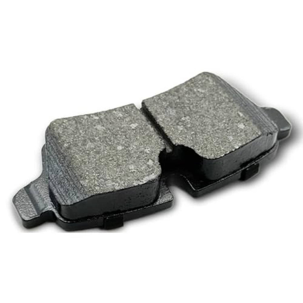 Ceramic brake pad pair, speckled grey friction faces and black mounting clips