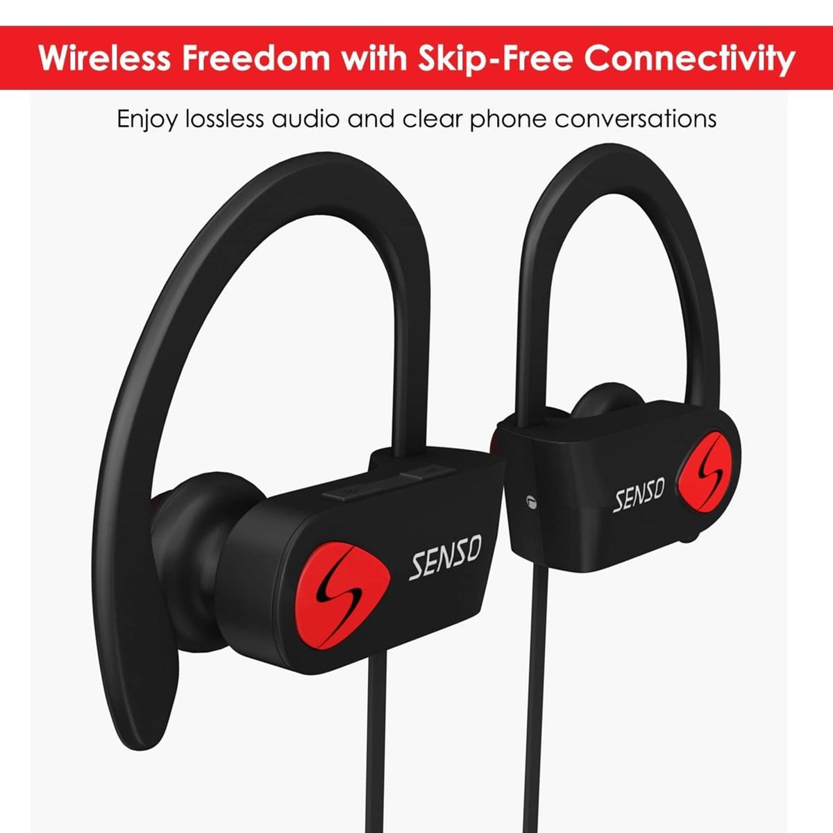 Black wireless sports earbuds with mic and over-ear stabilizing hooks