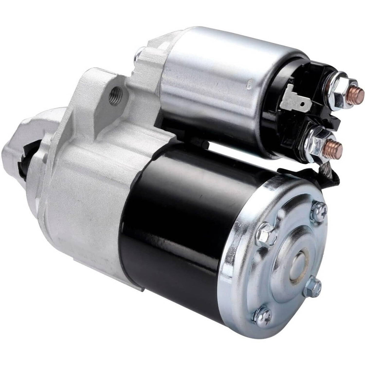 Starter motor with silver end cap, black cylinder body, and mounting flange