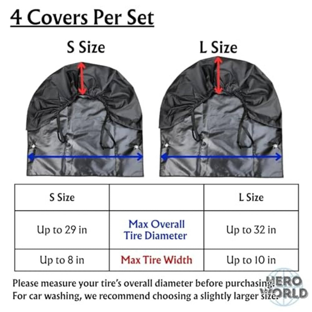 Two black tire cover shapes for different sizes, with drawstring opening