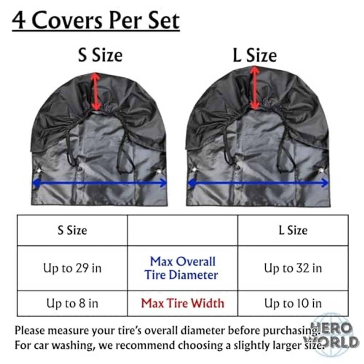 Two black tire cover shapes for different sizes, with drawstring opening