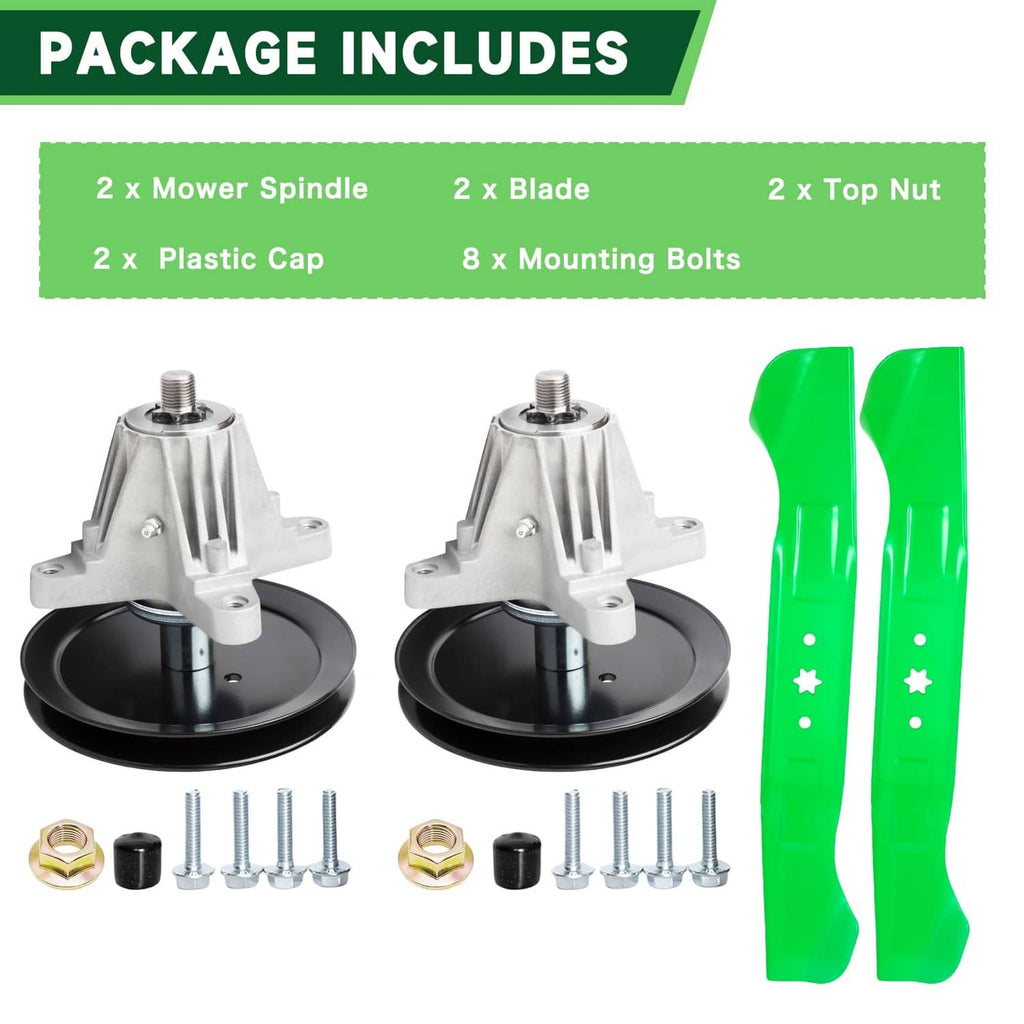 Rebuild kit package contents: 2 spindles, 2 blades, nuts, plastic caps, mounting bolts