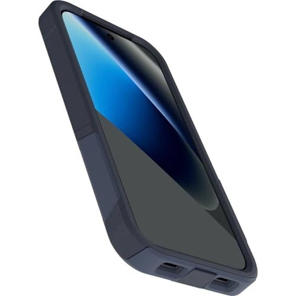 Blue rugged phone case angled view with textured side grip and raised lip