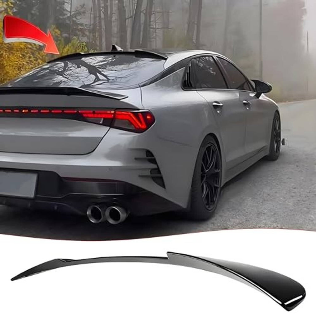 Black rear roof spoiler wing with curved profile, shown installed and as a standalone piece.