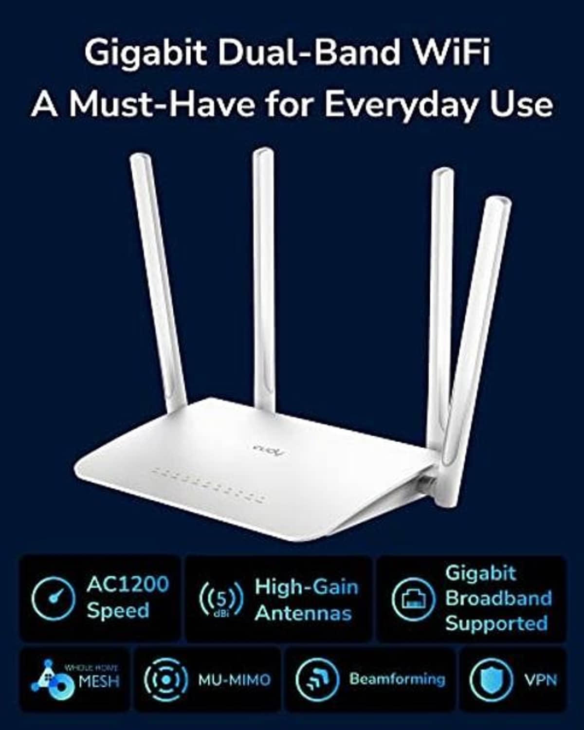 White Wi‑Fi router with four external antennas, marketing-style product shot
