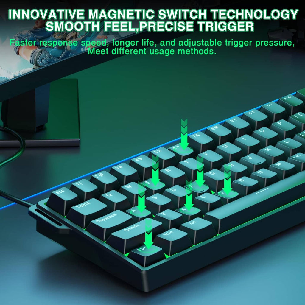 Black gaming keyboard with glowing magnetic switch keycaps and RGB accents