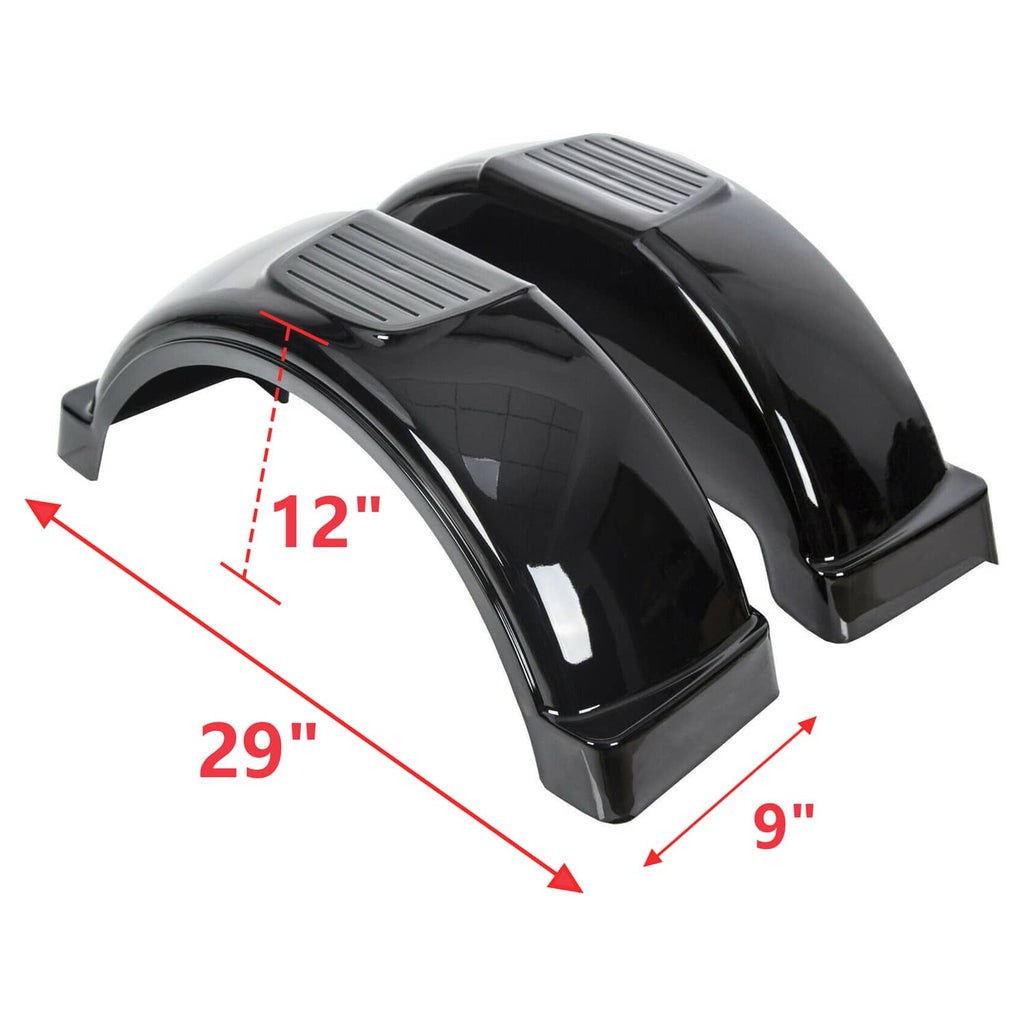 Black trailer fender pair with dimension markings: 12 in high, 29 in long, 9 in wide