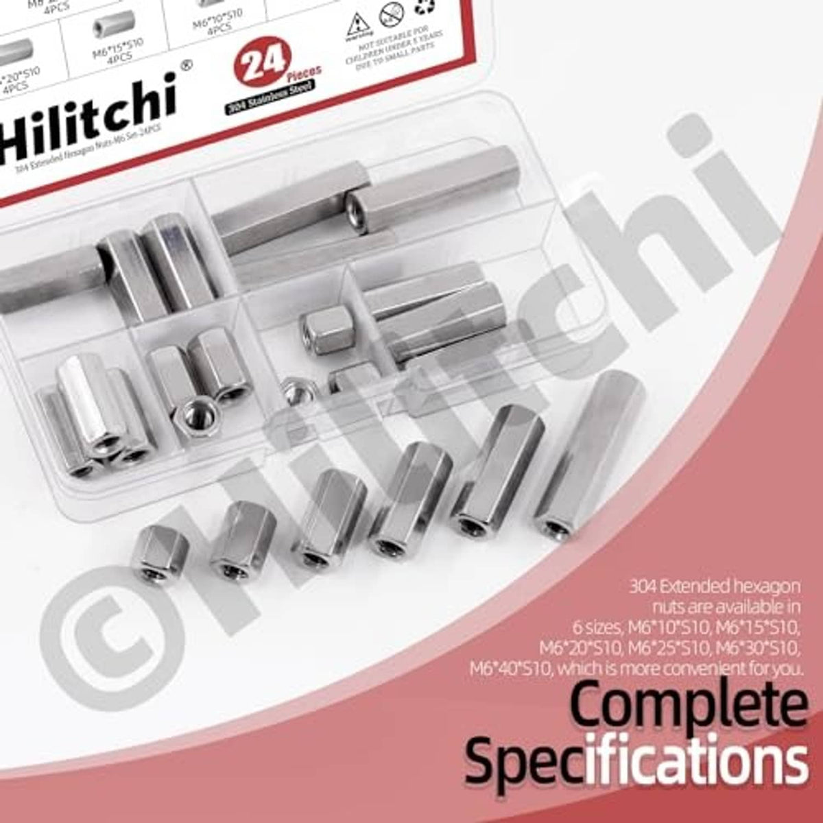 Stainless steel extended hex coupling nuts kit in clear compartment tray, multiple sizes
