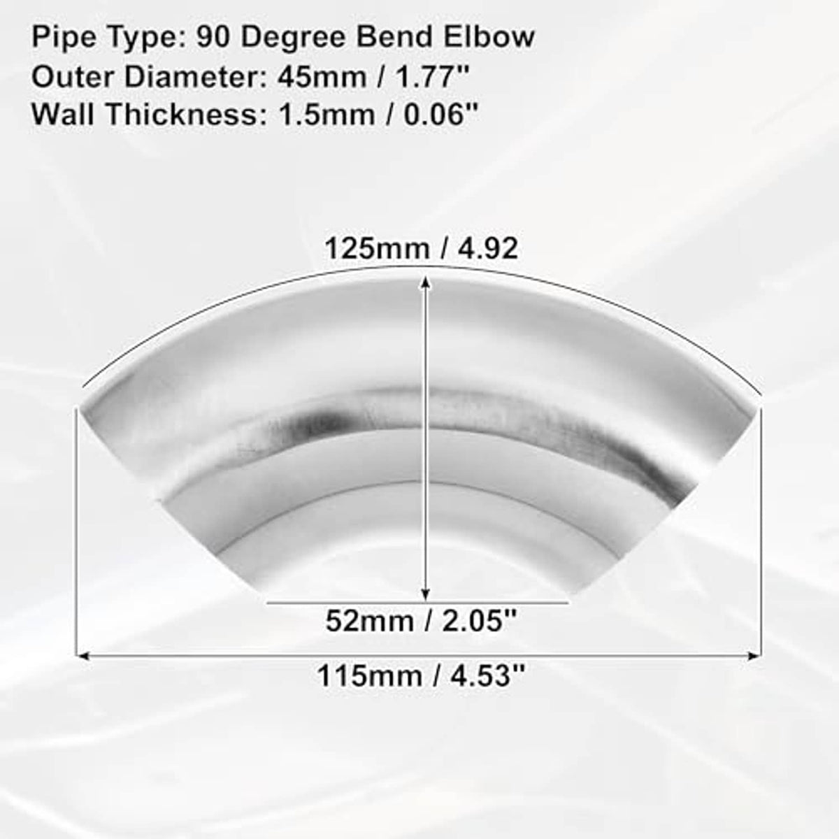 90-degree bend elbow pipe dimensions diagram with inner curve and measurements