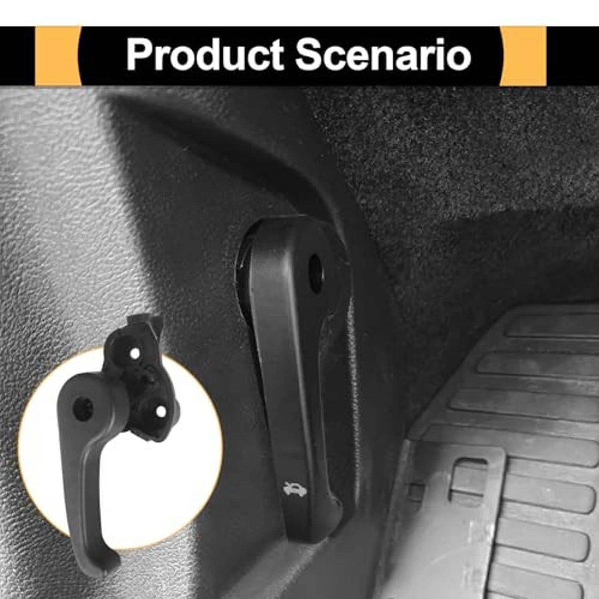 Black hood latch release handle installed on inner panel, close-up