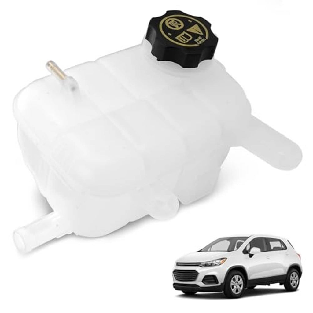 White engine coolant reservoir tank with black cap and side outlet
