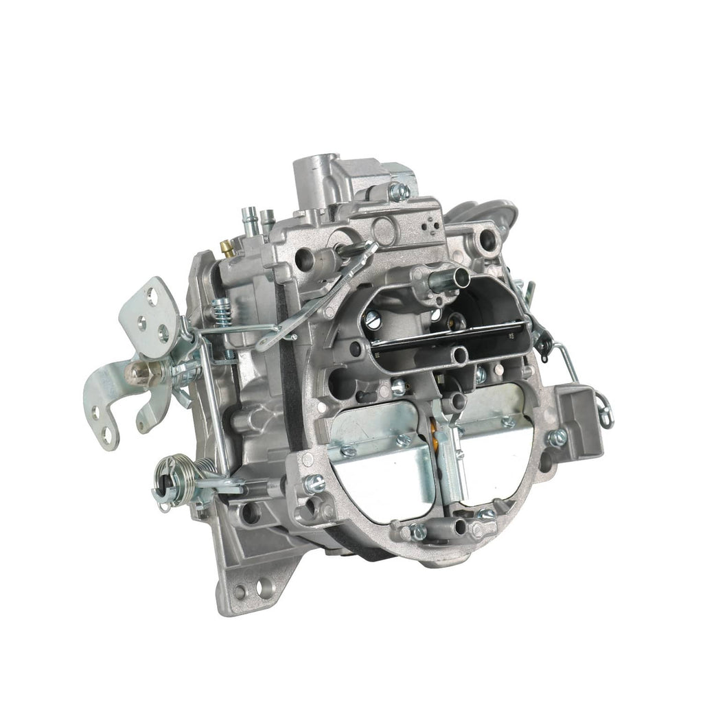 Quadrajet 4MV 4-barrel carburetor angled view with throttle linkage