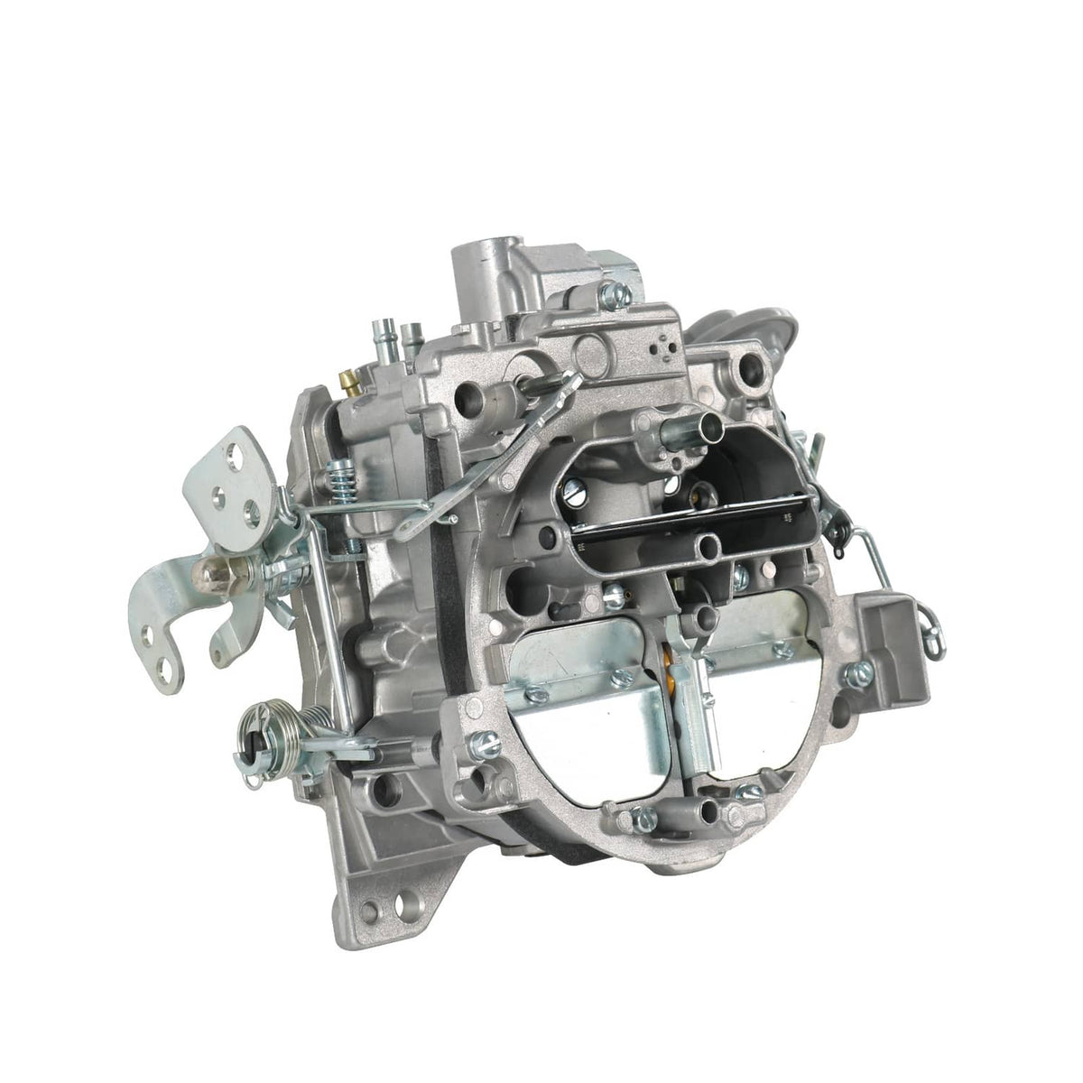 Quadrajet 4MV 4-barrel carburetor angled view with throttle linkage