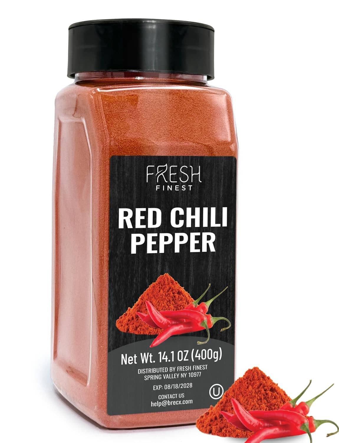 Red chili pepper seasoning jar with black cap and orange-red powder