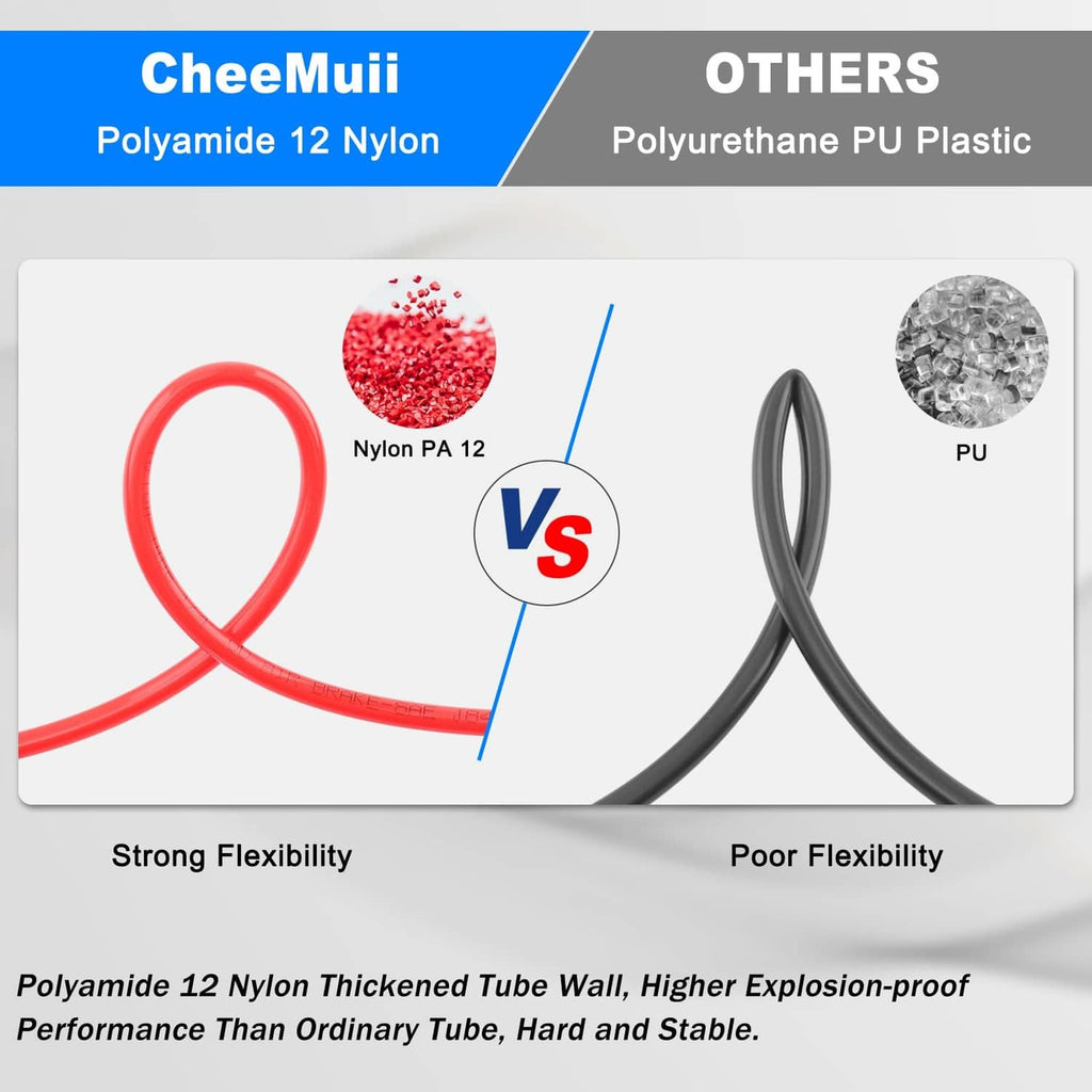 Red nylon air hose vs PU tubing, thicker wall for stronger flexibility.