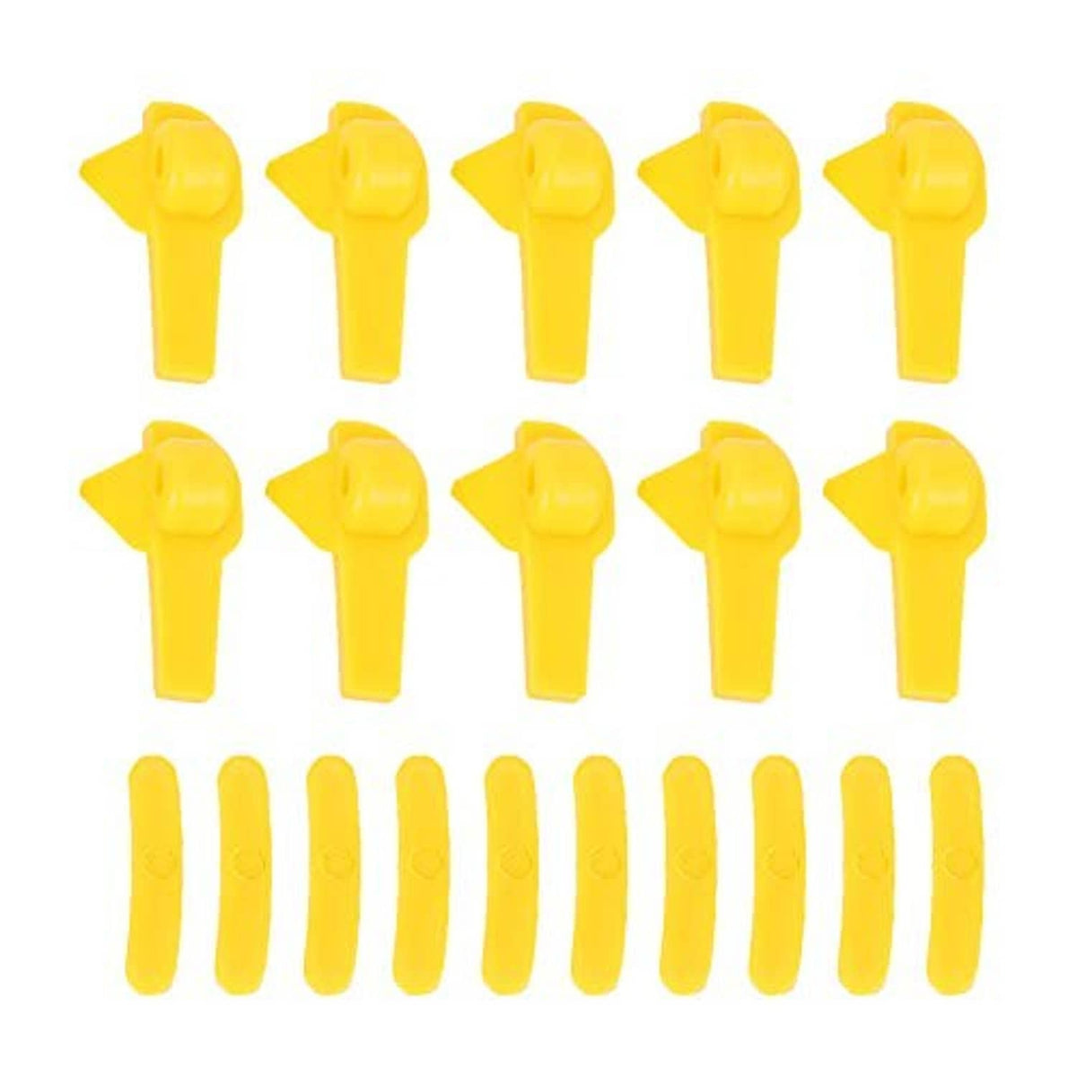 Yellow tire changer duck head inserts with multiple top heads and matching curved tab tools
